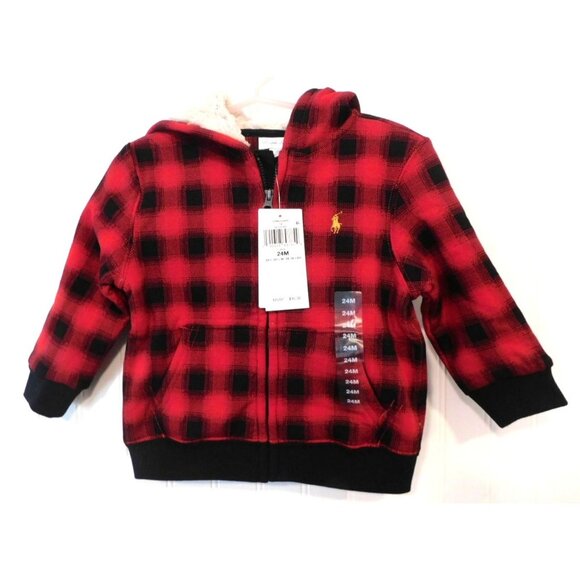 NWT Ralph Lauren Red Buffalo Plaid 24M 24 Months Fleece Hoodie New MSRP $95